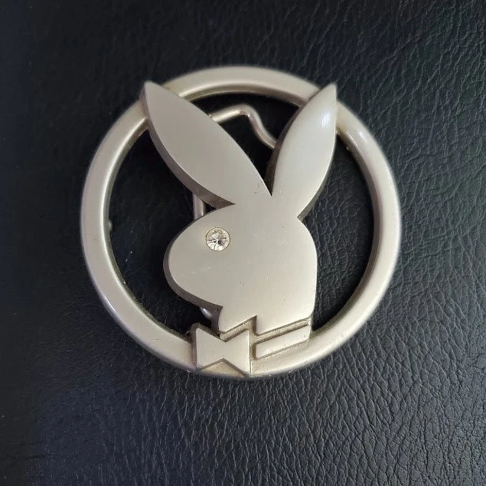 PLAYBOY Bunny Logo Rhinestone Silver Tone Round Belt Buckle Vintage Unisex